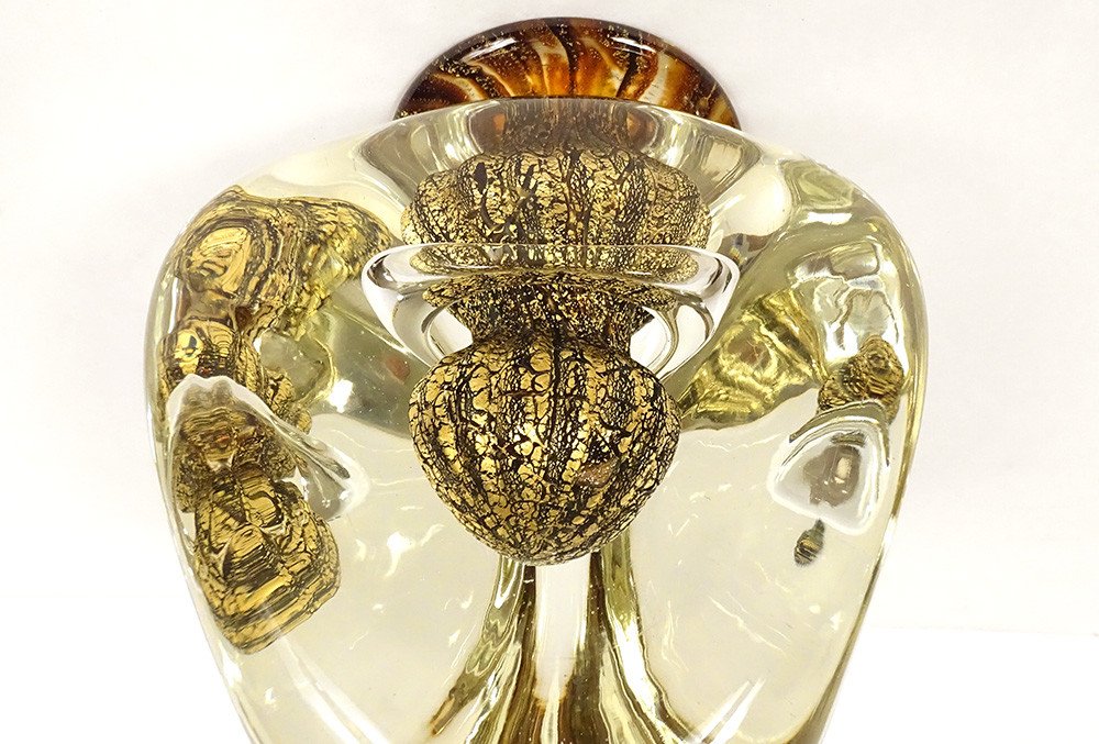 Triangular Vase Jean-claude Novaro Blown Glass Gold Leaves 1983 20th-photo-7