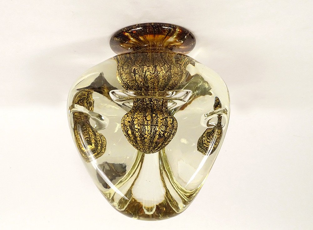 Triangular Vase Jean-claude Novaro Blown Glass Gold Leaves 1983 20th-photo-8