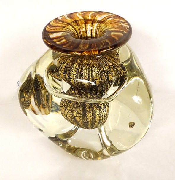 Triangular Vase Jean-claude Novaro Blown Glass Gold Leaves 1983 20th
