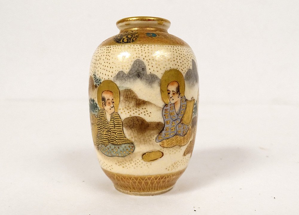 Petit Vase Porcelaine Satsuma Japon Personnages Sages Dorure Meiji XIXème-photo-3