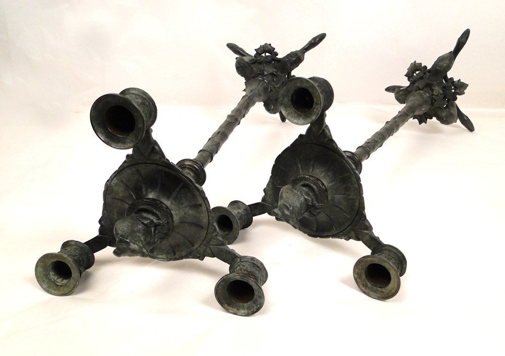 Pair Of Candelabra 3 Lights Bronze Rodents Vine Palmettes 19th-photo-4