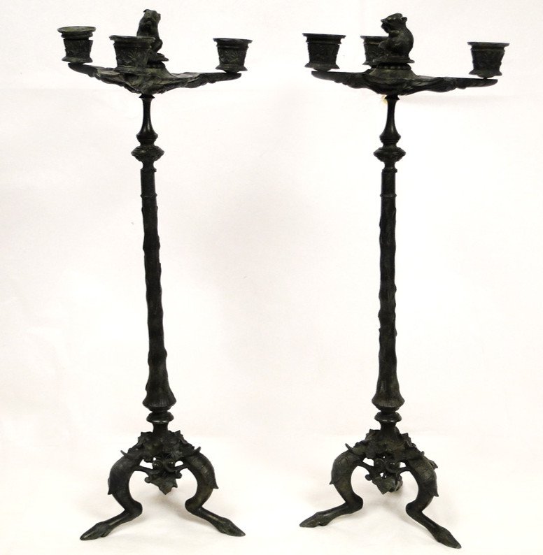 Pair Of Candelabra 3 Lights Bronze Rodents Vine Palmettes 19th