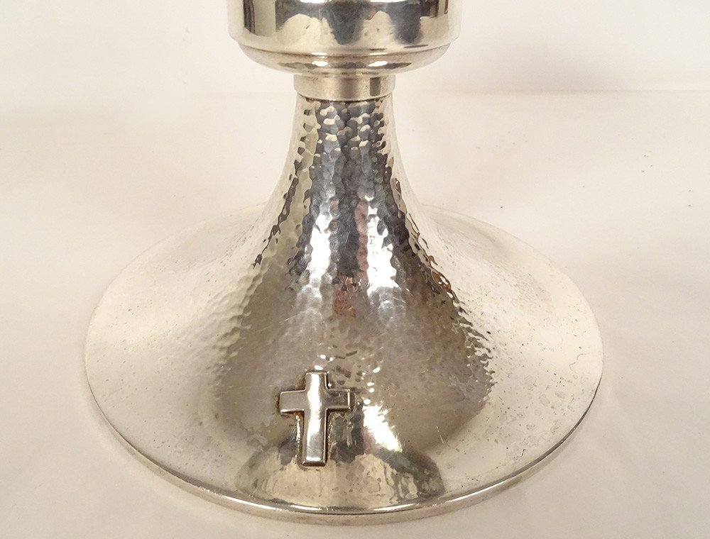 Chalice Paten Sterling Silver Hammered Minerva Cross Pb 626gr 20th Century-photo-4