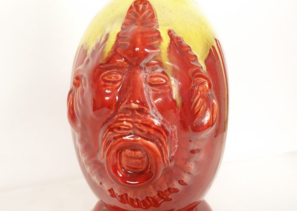 Vase Gourde Faïence Vernissée HB Quimper Mascarons Grotesques XXème Siècle-photo-1