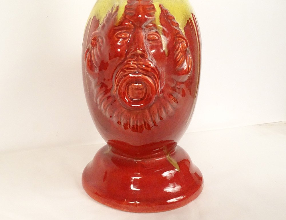 Vase Gourde Faïence Vernissée HB Quimper Mascarons Grotesques XXème Siècle-photo-2