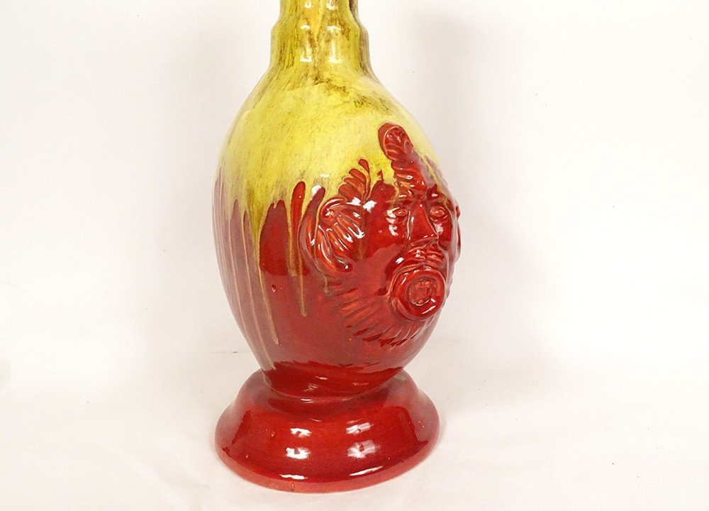Vase Gourde Faïence Vernissée HB Quimper Mascarons Grotesques XXème Siècle-photo-4