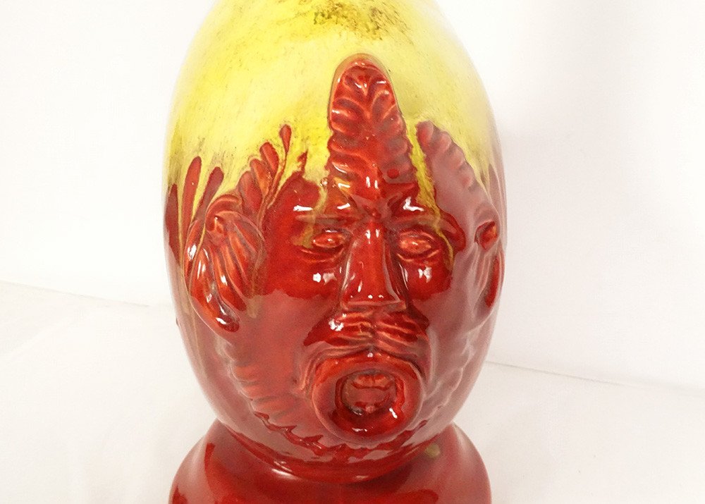 Vase Gourde Faïence Vernissée HB Quimper Mascarons Grotesques XXème Siècle-photo-5