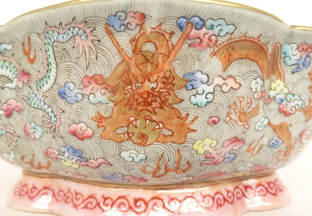 Coupe Polylobée Porcelaine Chinoise XIanfeng Dragons 5 Griffes Perle XIXème-photo-3