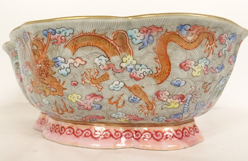 Coupe Polylobée Porcelaine Chinoise XIanfeng Dragons 5 Griffes Perle XIXème-photo-4