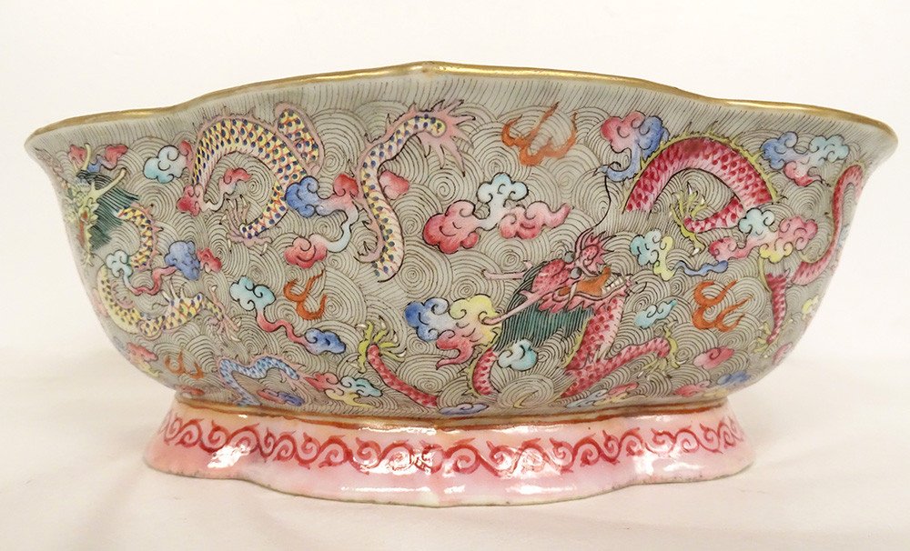 Coupe Polylobée Porcelaine Chinoise XIanfeng Dragons 5 Griffes Perle XIXème-photo-2