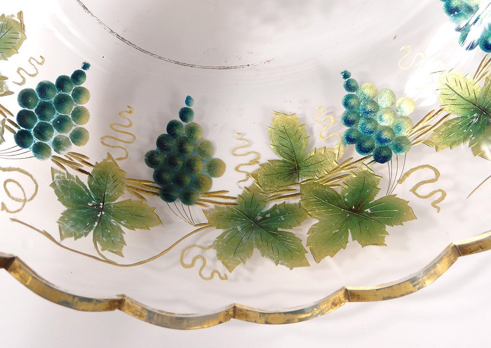 Enameled Glass Cup Gilding Leaves Vine Grapes 19th Century-photo-2