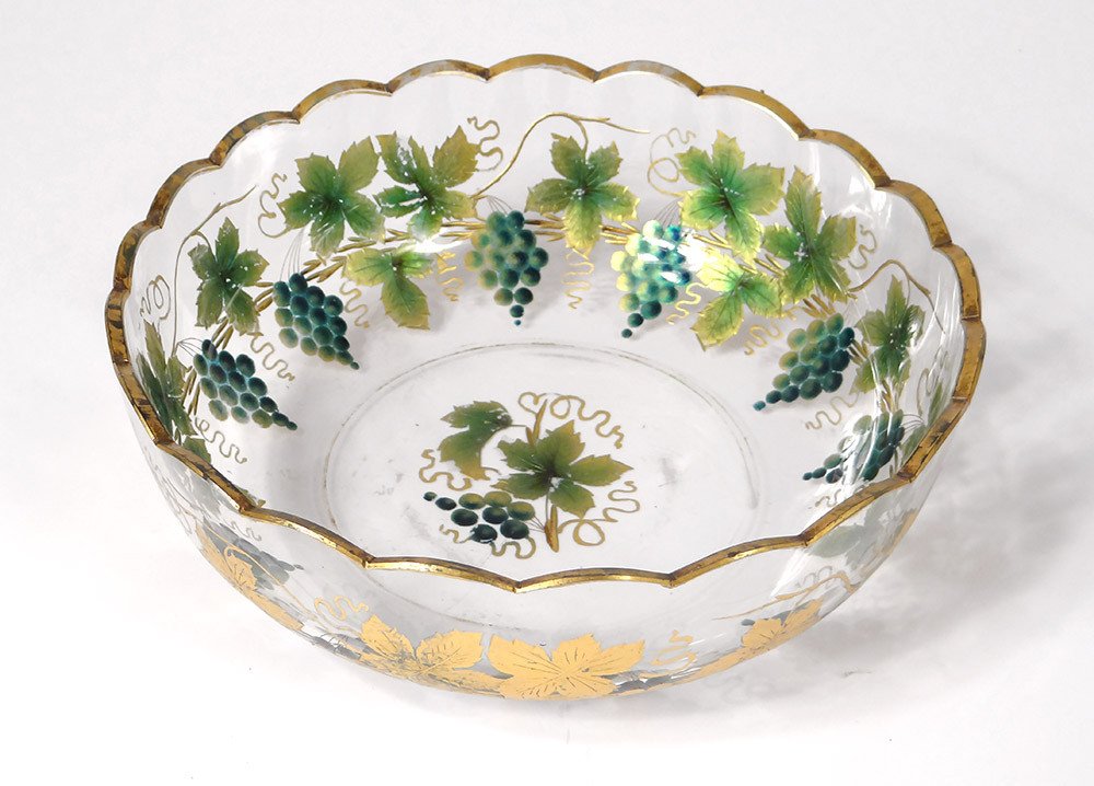 Enameled Glass Cup Gilding Leaves Vine Grapes 19th Century