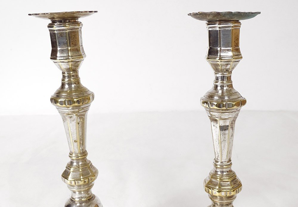 Pair Of Louis XIV Candlesticks Silver Bronze Cut Sides 18th-photo-3