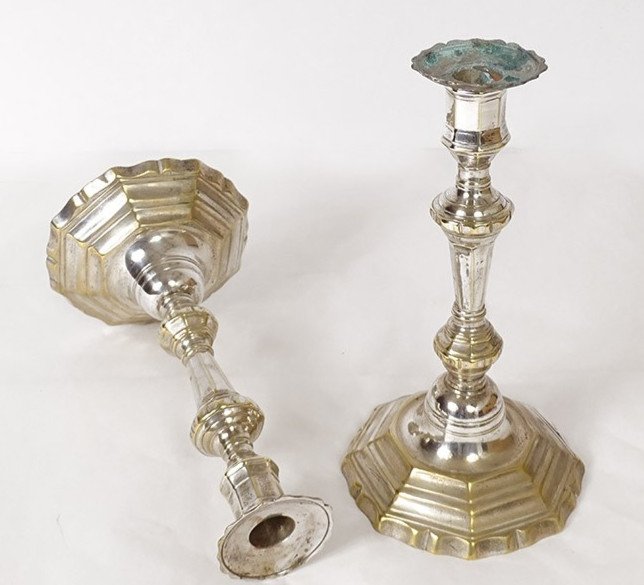 Pair Of Louis XIV Candlesticks Silver Bronze Cut Sides 18th