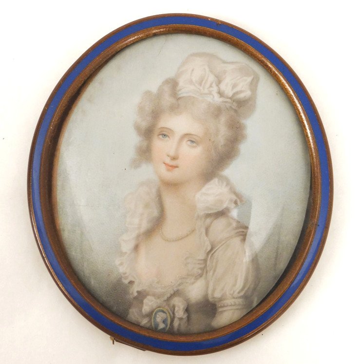 Miniature Peinte Portrait Femme élégante Camée Cadre Bronze Cloisonné XIXè