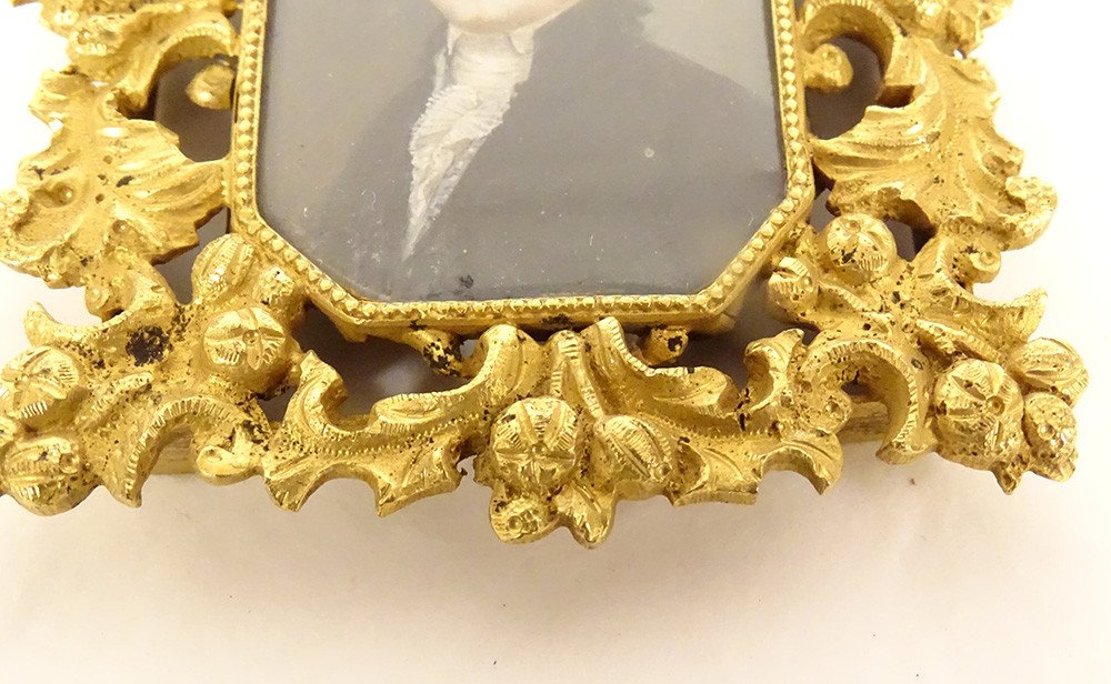 Painted Miniature Portrait Noble Gentleman Gilded Bronze Frame 19th Century-photo-4