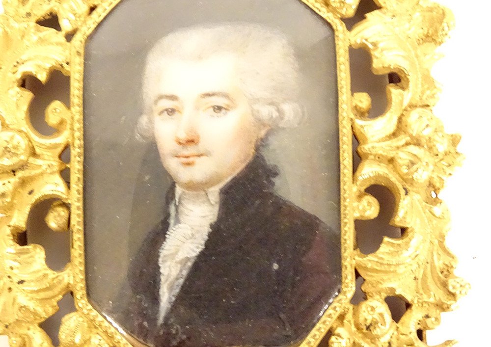 Painted Miniature Portrait Noble Gentleman Gilded Bronze Frame 19th Century-photo-2