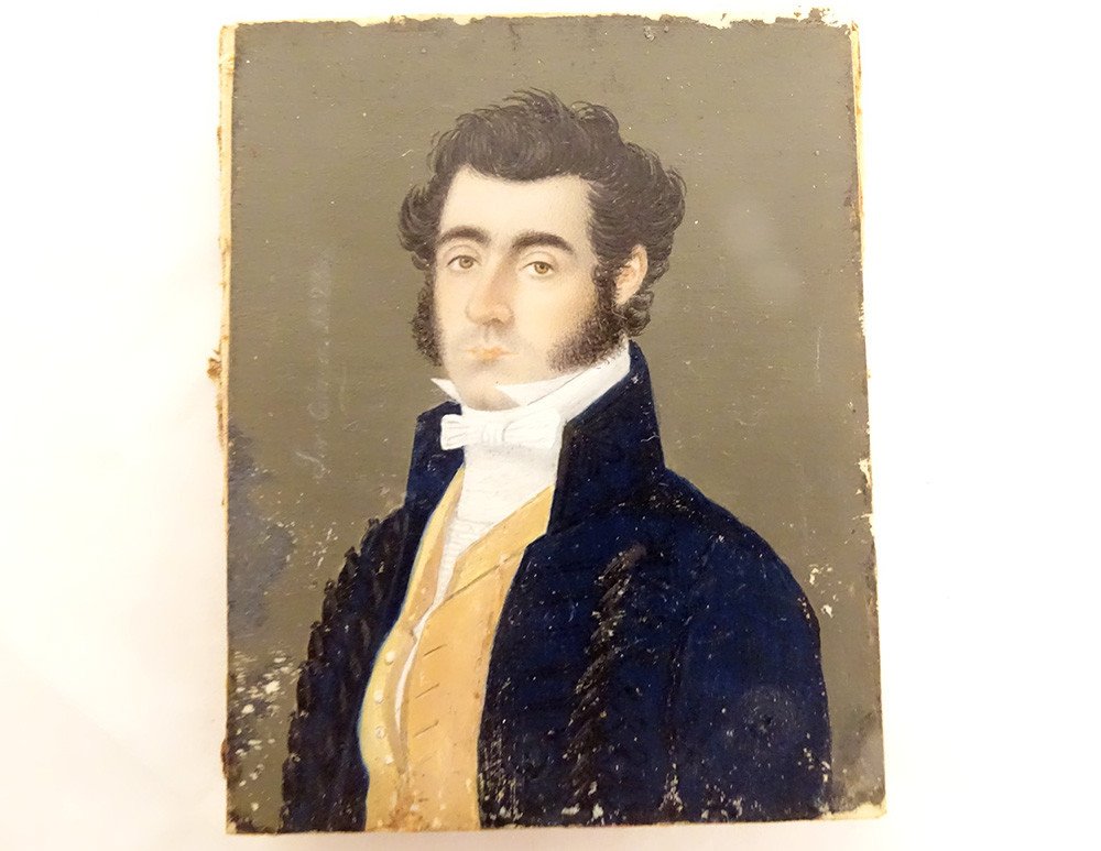 Painted Miniature Portrait Notable Gentleman 1823 Brass Frame 19th Century-photo-2