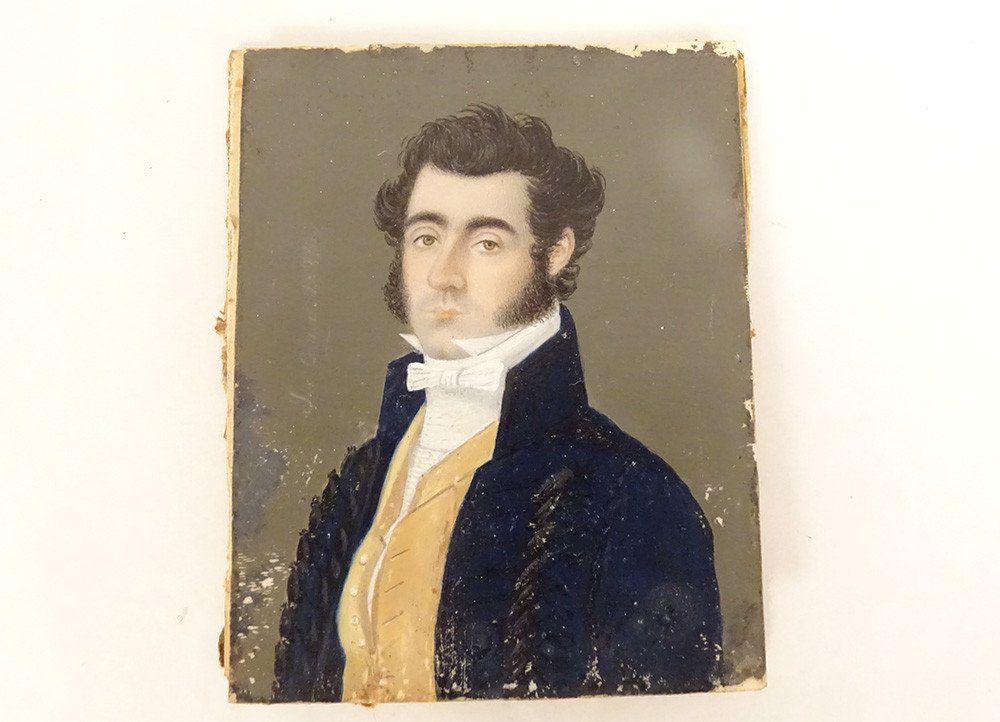 Painted Miniature Portrait Notable Gentleman 1823 Brass Frame 19th Century-photo-1