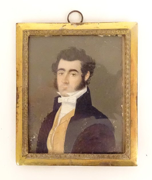Painted Miniature Portrait Notable Gentleman 1823 Brass Frame 19th Century