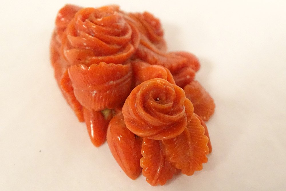 Carved Coral Jewel Pendant Bouquet Of Pink Flowers 20th Century-photo-1