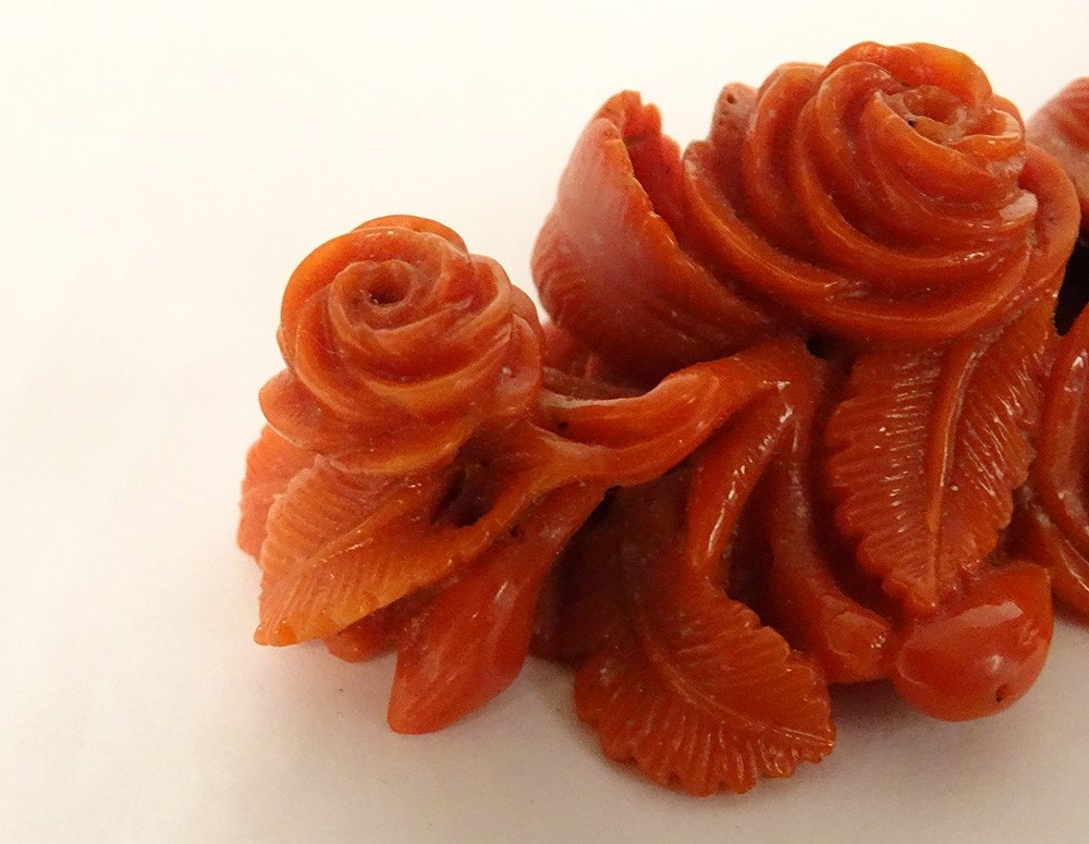 Carved Coral Jewel Pendant Bouquet Of Pink Flowers 20th Century-photo-4