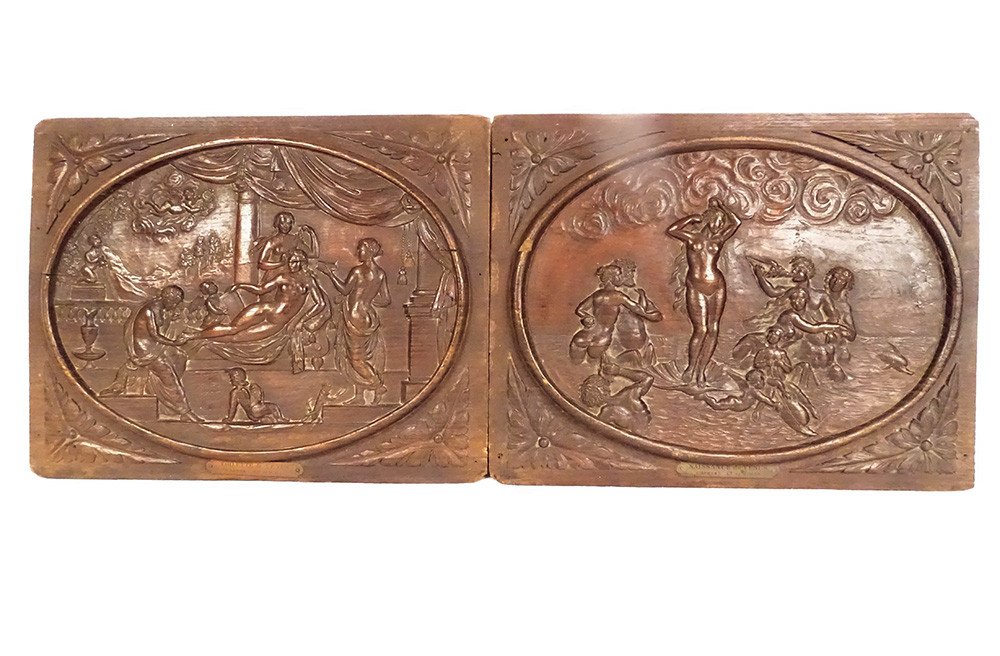 Pair Of Carved Wood Panels Toilet Birth Venus De Vinci Servet 20th