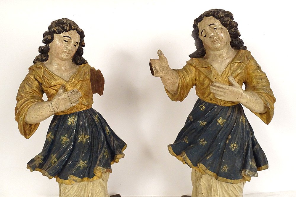 Pair Statues Praying Angels Carved Wood Polychrome Altarpiece 18th Century-photo-2
