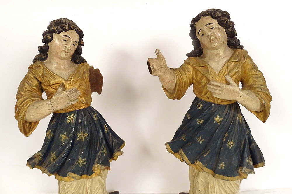 Paire Statues Orants Anges Bois Sculpté Polychrome Retable XVIIIème Siècle-photo-2