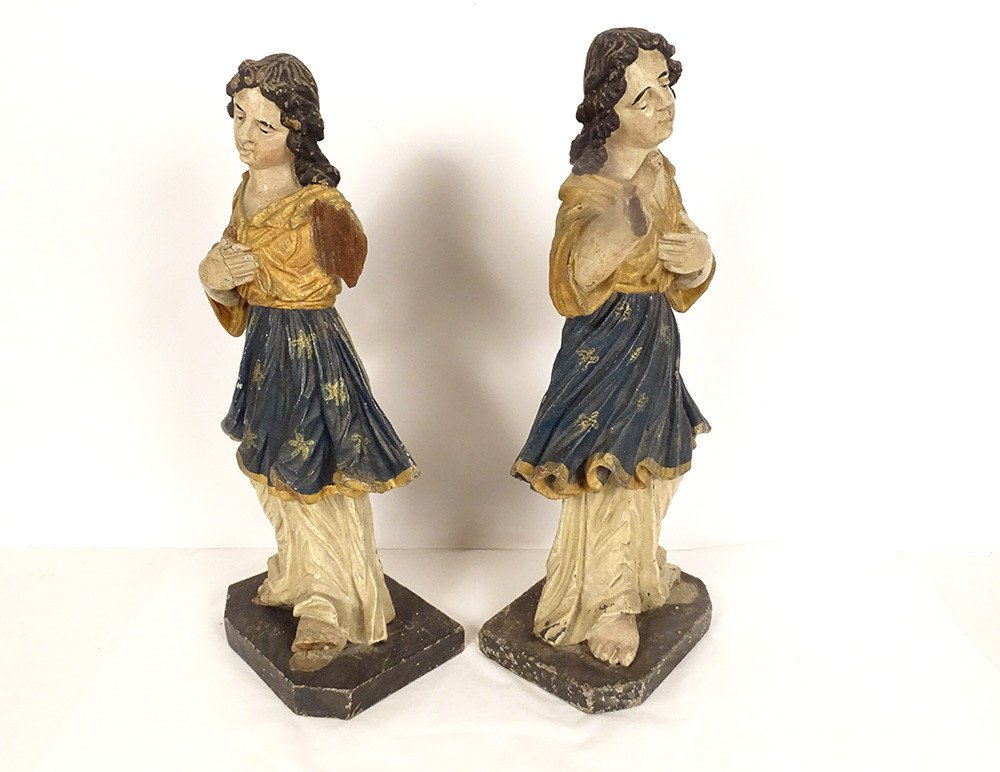 Pair Statues Praying Angels Carved Wood Polychrome Altarpiece 18th Century-photo-5