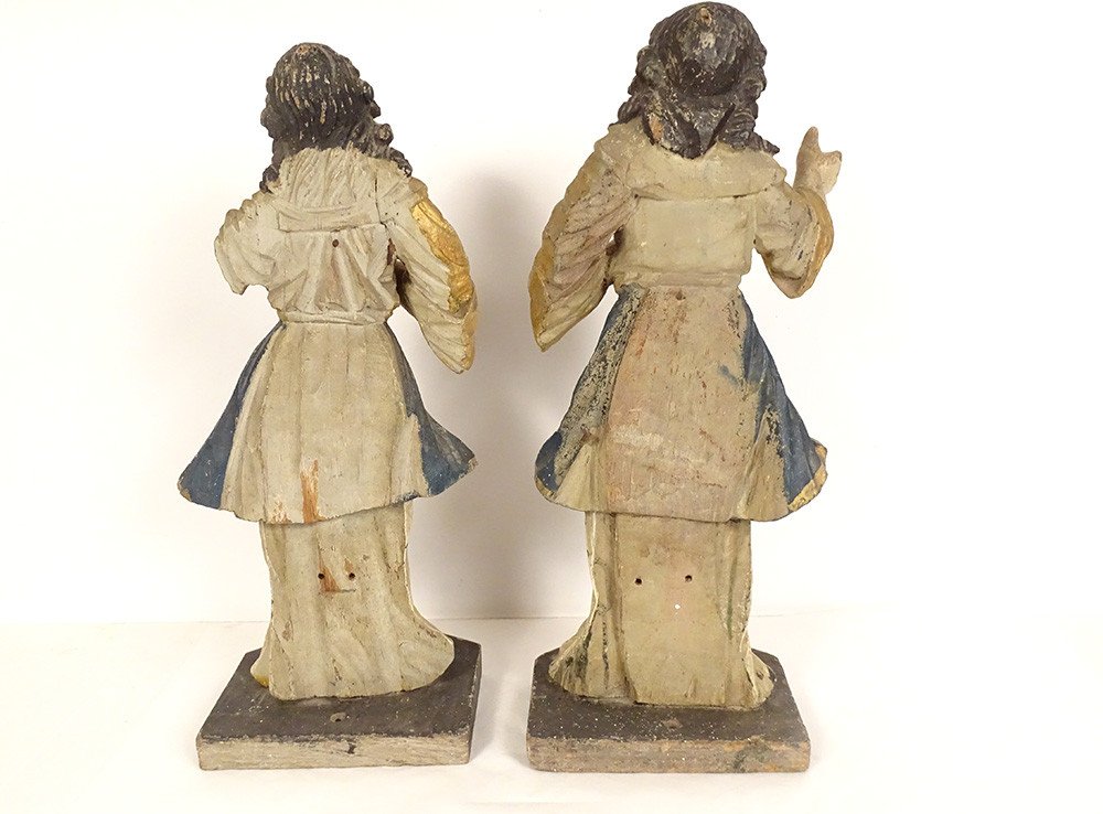 Pair Statues Praying Angels Carved Wood Polychrome Altarpiece 18th Century-photo-7