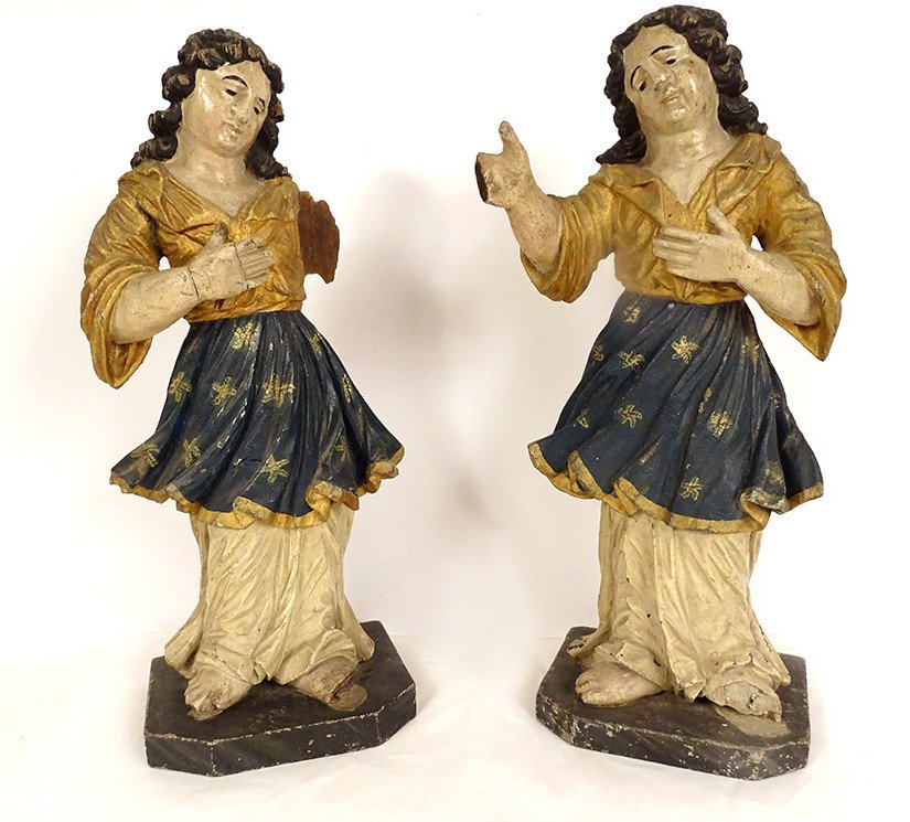 Pair Statues Praying Angels Carved Wood Polychrome Altarpiece 18th Century