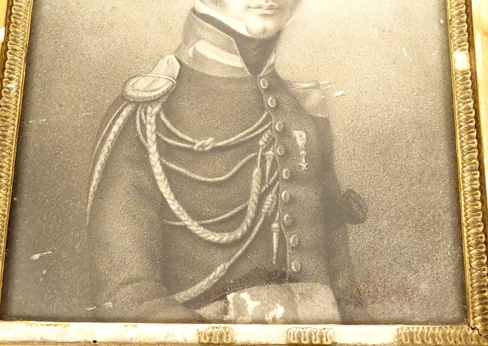 Tableau Dessin Portrait Officier Uniforme Médaille Cadre Stuqué XIXè Siècle-photo-2