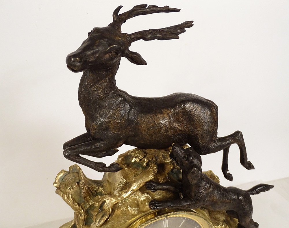 Siena Marble Restoration Clock Gilt Bronze Hunting Stag Dog 19th-photo-2