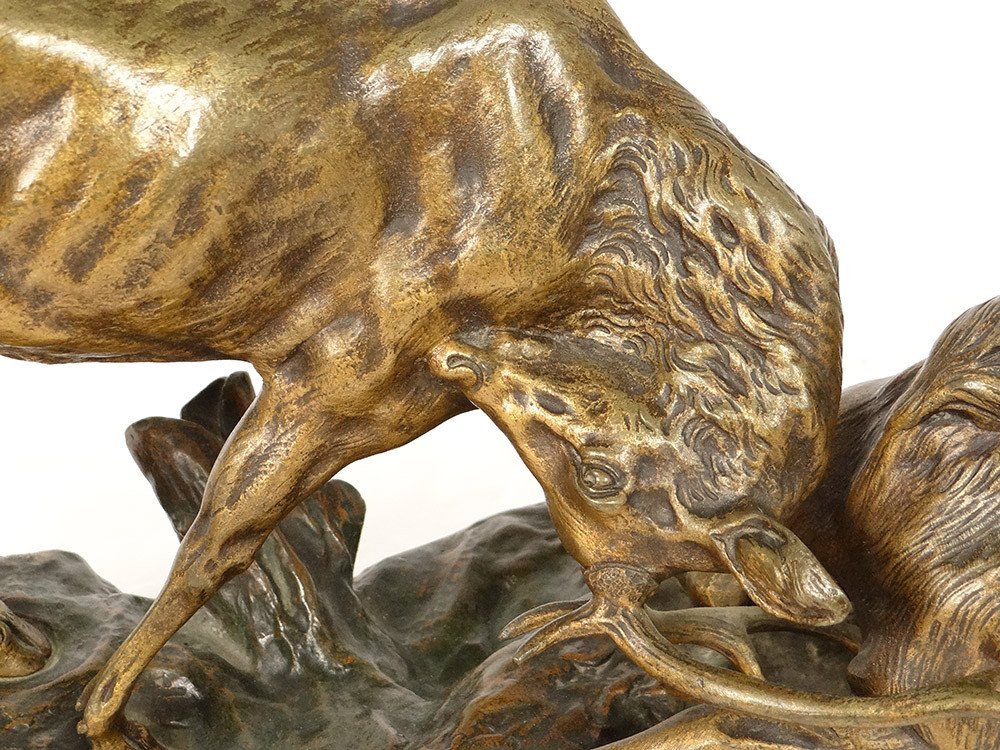 Bronze Sculpture Thomas François Cartier Animal Deer Fight 20th Century-photo-1