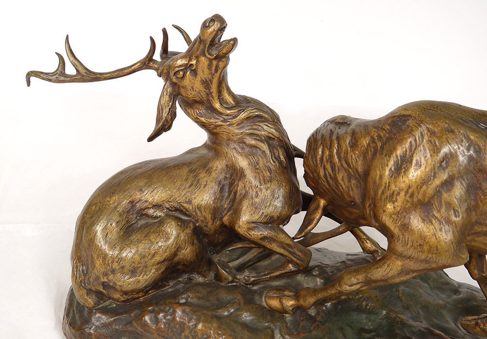 Bronze Sculpture Thomas François Cartier Animal Deer Fight 20th Century-photo-6