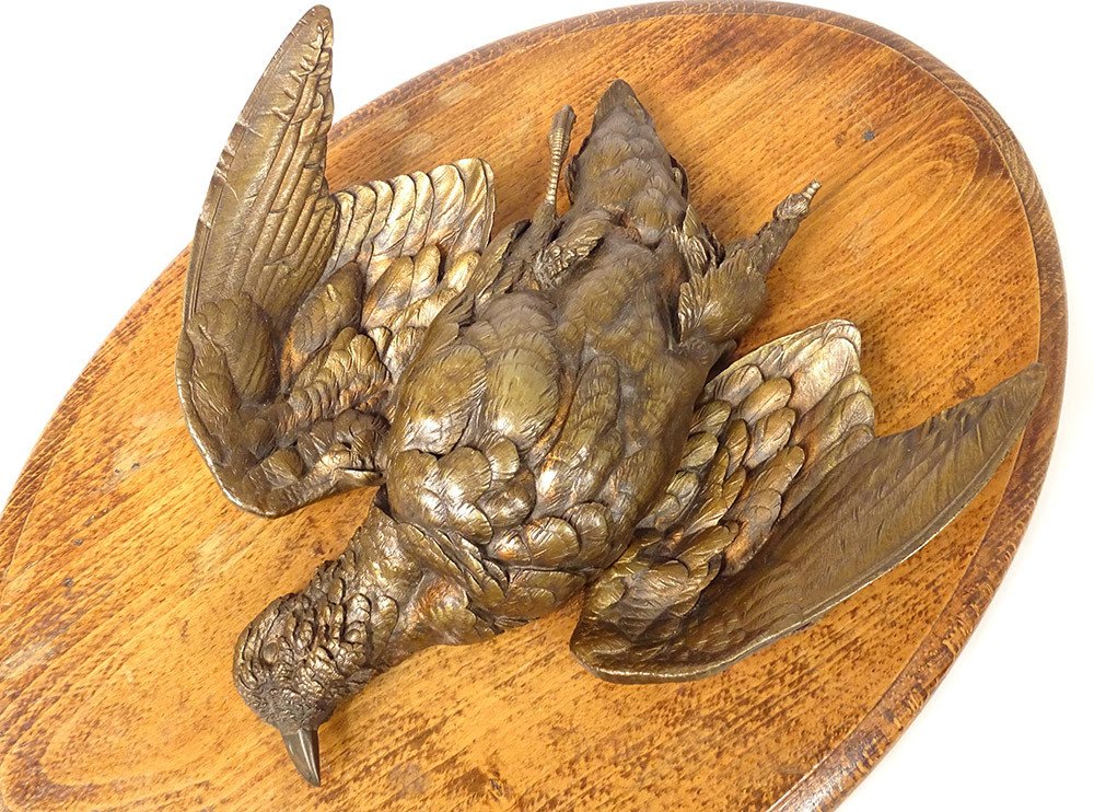 Trophée de Chasse Sculpture Bronze Oiseau Perdrix Médaillon Bois XIXème-photo-3