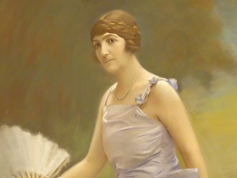 Large Pastel Painting Woman With Fan Belle Epoque Signed Bailly Late 19th Century-photo-3