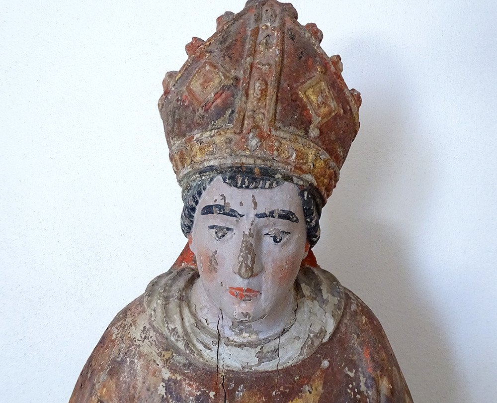 Grande Sculpture Statue Saint évêque Bois Sculpté Polychrome XVIIème Siècle-photo-2