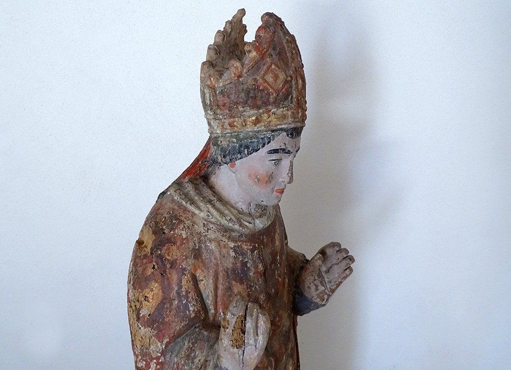 Grande Sculpture Statue Saint évêque Bois Sculpté Polychrome XVIIème Siècle-photo-4