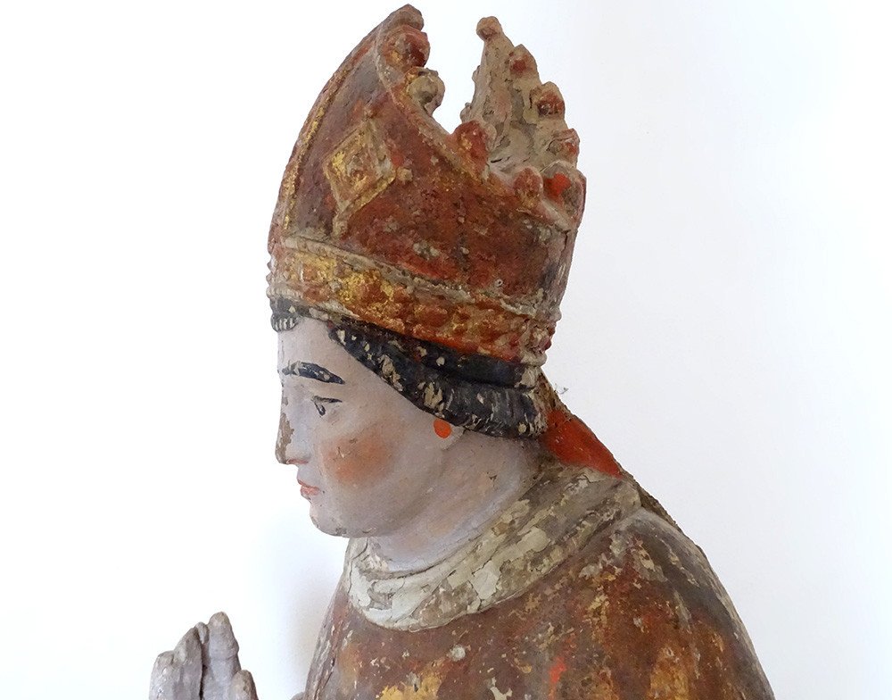 Grande Sculpture Statue Saint évêque Bois Sculpté Polychrome XVIIème Siècle-photo-1