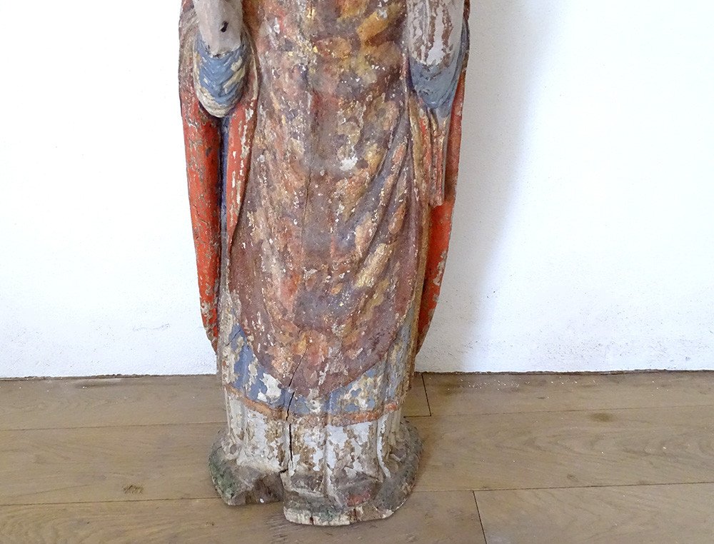 Grande Sculpture Statue Saint évêque Bois Sculpté Polychrome XVIIème Siècle-photo-6
