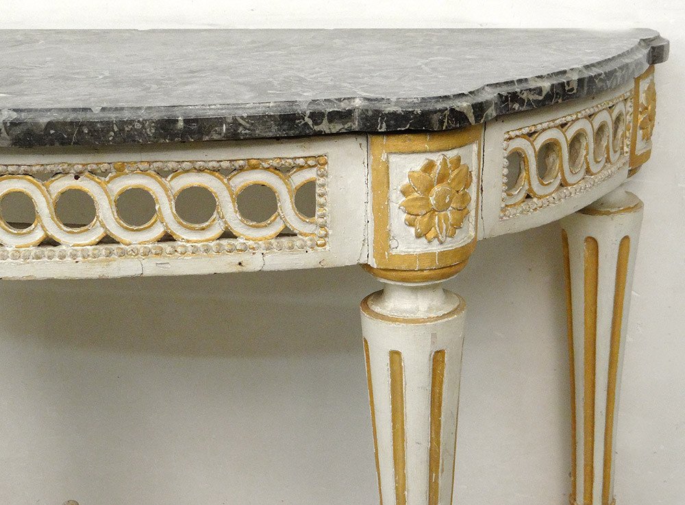 Half-moon Console Louis XVI Carved Lacquered Wood Openwork Gray Marble XVIII-photo-3