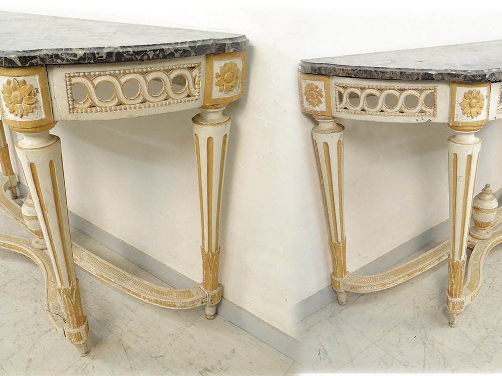 Half-moon Console Louis XVI Carved Lacquered Wood Openwork Gray Marble XVIII-photo-6