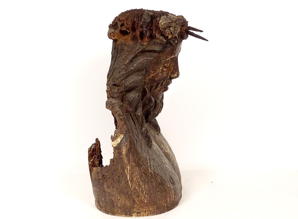 Christ Bust Statue Crown Thorns Carved Wood Haute Epoque XIVth XVth-photo-2