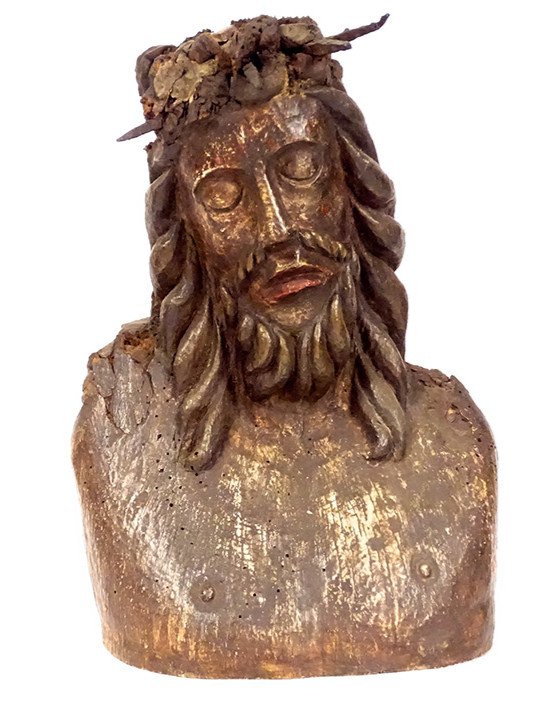 Christ Bust Statue Crown Thorns Carved Wood Haute Epoque XIVth XVth