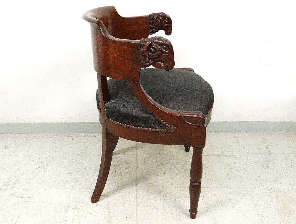 Empire Jacob Frères Mahogany Office Armchair Carved Rams Heads 19th Century-photo-5