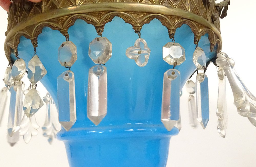 Opaline Night Light Chandelier Crystal Brass Pendants Cherubs Napoleon III 19th-photo-5