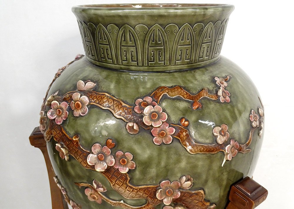 Large Earthenware Vase Jules Vieillard Bordeaux Japanese Decor Sellette 19th-photo-2