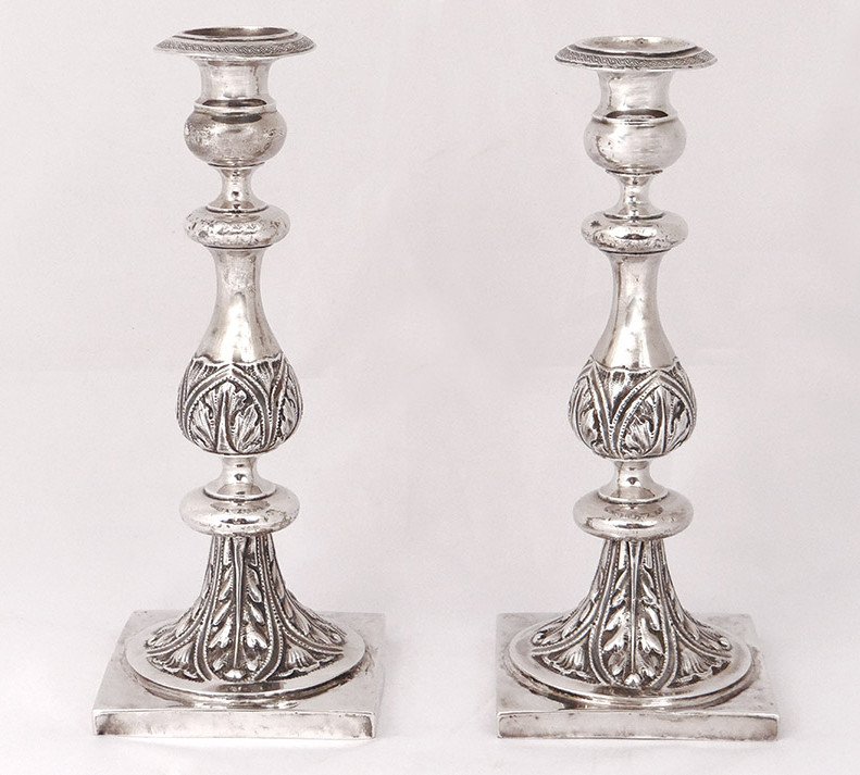 Paire Bougeoirs Argent Russe Minsk Orfèvre Pogorzelski Pb 874gr XIXème